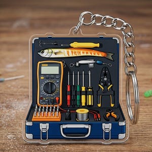 May include: A blue toolbox keychain with a variety of tools, including a multimeter, screwdrivers, and wire strippers. A fish-shaped lure is also included. The keychain has a silver chain and ring.