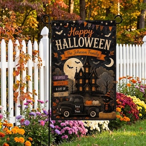 Custom Family Name Halloween Garden Flag, Vintage Black Truck Haunted House Yard Banner, Chalkboard Spooky Fun Decor