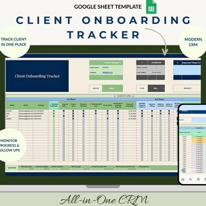 May include: A digital client onboarding tracker template displayed on a laptop and a smartphone. The template includes the text "Client Onboarding Tracker" and "All-in-One CRM". The design features green and blue accents, with the words "Editable", "Beginner Friendly", and "Instant Access".