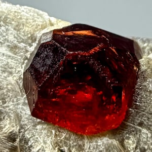 May include: A deep red, faceted garnet crystal embedded in a textured, light-coloured mineral matrix. The gemstone displays a geometric, multi-sided shape with sharp edges and a translucent, glossy surface that catches the light.