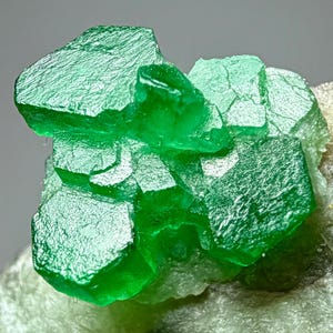 以下が含まれることがあります： 鮮やかなエメラルドグリーンの結晶の塊。結晶はざらざらとした質感の表面を持ち、集まっており、自然の美しさを際立たせています。明るい色の背景に配置されています。