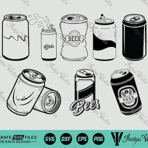 Könnte beinhalten: Eine Sammlung von Schwarz-Weiß-Illustrationen von Bierdosen. Die Designs umfassen verschiedene Dosenstile, einige mit dem Wort "Beer" und andere mit Flüssigkeit, die herausspritzt. Das Bild enthält auch den Text "SEPARATE SVG FILES - FOR EACH DESIGN".
