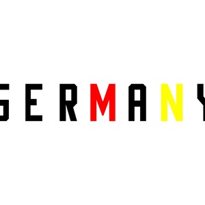 May include: A graphic design on a white background spells out "GERMANY" in bold, block letters. The letters are black, except for the "M" which is red, and the "Y" which is yellow, representing the colors of the German flag.