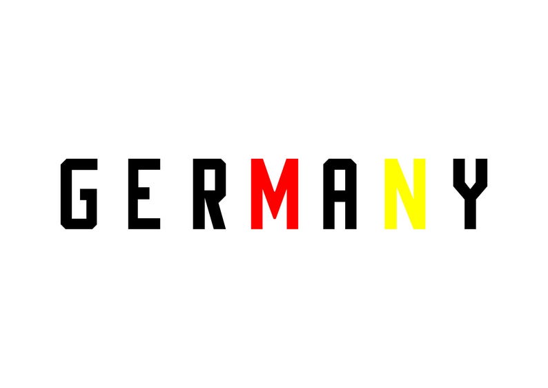 May include: A graphic design on a white background spells out "GERMANY" in bold, block letters. The letters are black, except for the "M" which is red, and the "Y" which is yellow, representing the colors of the German flag.