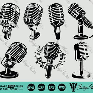 May include: A collection of black and white illustrations featuring vintage microphones. The image showcases different microphone designs, each with a unique stand and grille. The text "SEPARATE SVG FILES - FOR EACH DESIGN" is at the bottom.