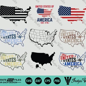 Puede incluir: Una colección de nueve diseños del mapa de Estados Unidos en varios estilos. Algunos presentan la bandera estadounidense, mientras que otros incluyen el texto "The United States of America Est. 1776". Los diseños son en negro, blanco, rojo y azul.