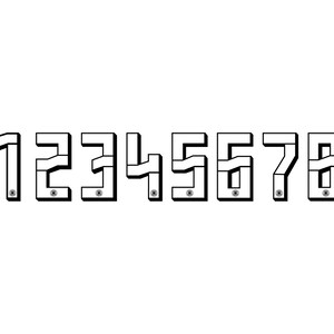 May include: A set of black and white numbers from zero to nine. Each number has a unique, geometric design with a screw detail. The numbers are evenly spaced against a white background.