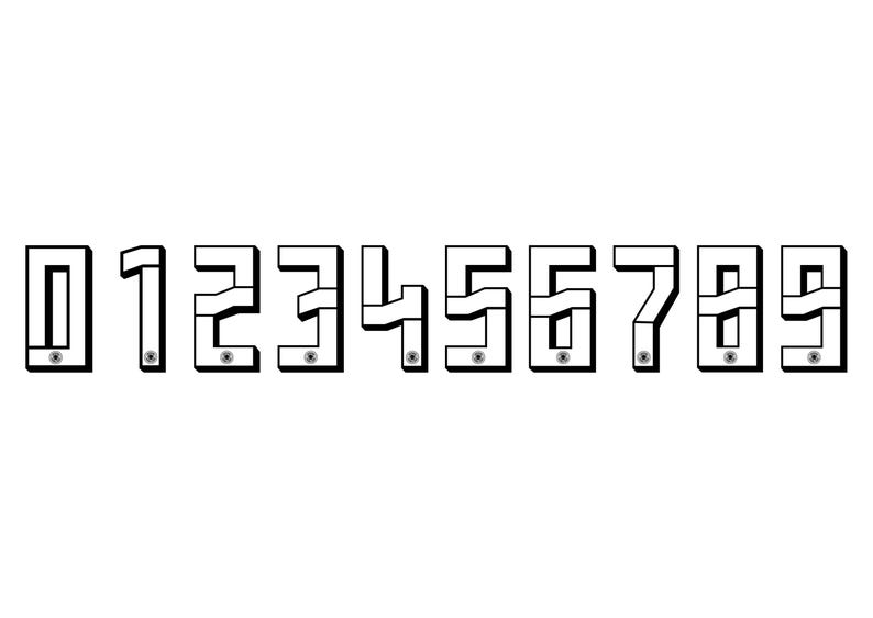 May include: A set of black and white numbers from zero to nine. Each number has a unique, geometric design with a screw detail. The numbers are evenly spaced against a white background.