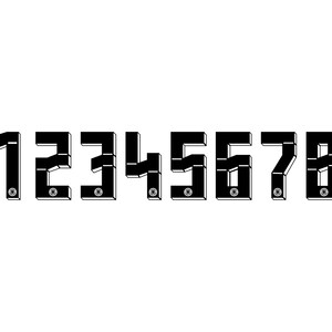 May include: Black, three-dimensional numbers 0 through 9 are displayed against a white background. Each number has a small, circular detail at the base. The numbers are in a bold, blocky font.