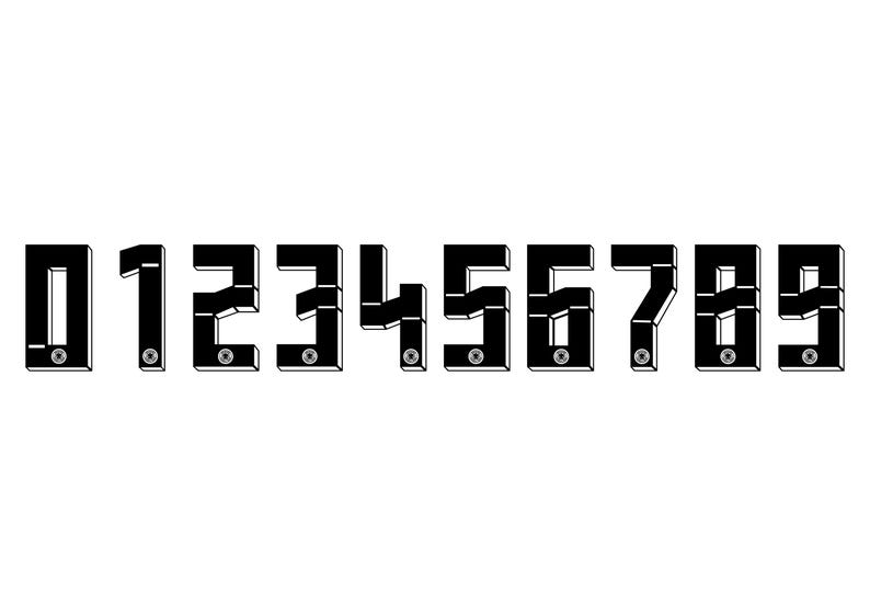 May include: Black, three-dimensional numbers 0 through 9 are displayed against a white background. Each number has a small, circular detail at the base. The numbers are in a bold, blocky font.