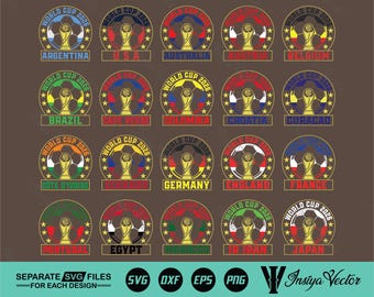 May include: A collection of World Cup 2026 SVG designs. Each design features a soccer ball, a trophy, and the name of a country. The designs are in a circular format with star accents and a color scheme that represents each country's flag.