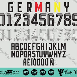 Könnte beinhalten: Ein digitales Design mit dem Wort "GERMANY" in Schwarz, Rot und Gelb, sowie den Zahlen 0-9 in zwei Stilen und dem Alphabet. Das Design umfasst die Dateiformate SVG, DXF, EPS und PNG.