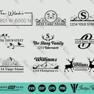 May include: A collection of black and white SVG designs for address signs and family name plaques. Designs include floral, mountain, and deer silhouettes, along with various fonts and layouts for customization.