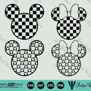 May include: Four black and white checkered Mickey Mouse and Minnie Mouse head designs. Two Mickey Mouse heads have a checkered pattern, and two Minnie Mouse heads have bows. The bottom of the image has text and icons.