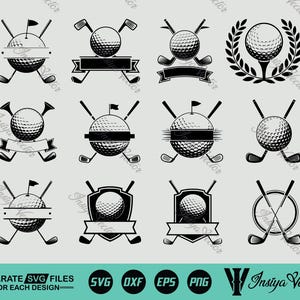 Può includere: Una collezione di design vettoriali a tema golf in bianco e nero. Ogni design presenta una pallina da golf, mazze da golf ed elementi decorativi come banner, bandiere e corone d'alloro. Adatto a varie applicazioni.