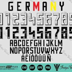 May include: A digital design featuring the word "GERMANY" in black, red, and yellow, along with a set of numbers and the alphabet in a bold, sans-serif font. Includes SVG, DXF, EPS, and PNG file formats.