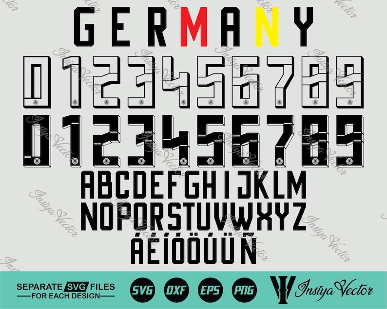 May include: A digital design featuring the word "GERMANY" in black, red, and yellow, along with a set of numbers and the alphabet in a bold, sans-serif font. Includes SVG, DXF, EPS, and PNG file formats.