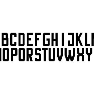May include: Black, bold, uppercase alphabet letters A through Z are displayed in a row on a white background. The letters are in a sans-serif font with a rectangular shape.