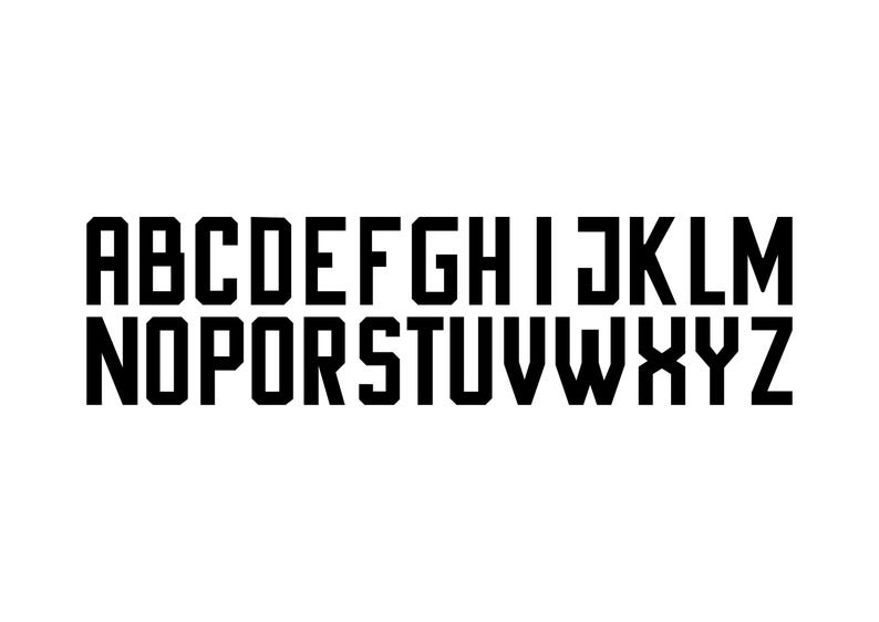May include: Black, bold, uppercase alphabet letters A through Z are displayed in a row on a white background. The letters are in a sans-serif font with a rectangular shape.
