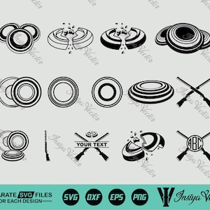 Puede incluir: Un conjunto de gráficos vectoriales en blanco y negro que representan platos de arcilla, escopetas y elementos relacionados. Incluye el texto "YOUR TEXT" y "SEPARATE SVG FILES - FOR EACH DESIGN".