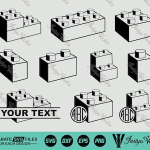 May include: A collection of black and white vector illustrations of toy building blocks in various shapes and sizes. Some blocks have text that says "YOUR TEXT" and "ABC". The image also includes the text "SEPARATE SVG FILES - FOR EACH DESIGN-".