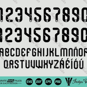 Może przedstawiać: Czarne pliki do cięcia cyfrowego z numerami 1-0 i alfabetem, w tym znaki akcentowane. Projekt zawiera pliki SVG, DXF, EPS i PNG. Tekst "SEPARATE SVG FILES - FOR EACH DESIGN" jest również dołączony.