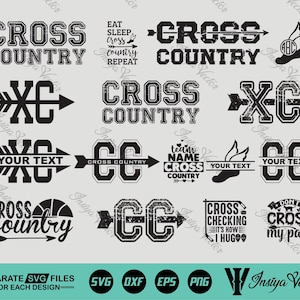 May include: A selection of black and white cross country designs. The designs feature text including "Cross Country", "XC", and phrases like "Eat Sleep Cross Country Repeat". The designs are in various styles and fonts.
