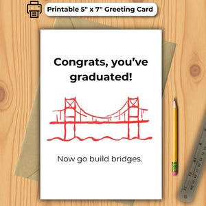 May include: A white graduation greeting card, 5" x 7", with red text and a red illustration of a bridge. The card reads "Congrats, you've graduated! Now go build bridges."