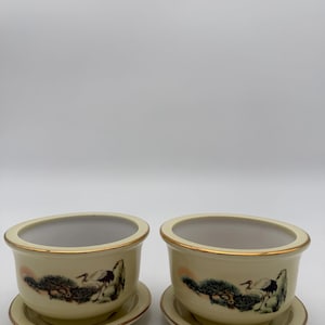 Vintage Chinese Ceramic Plant Pots Set of 2 with Saucers Hand Painted 1980s Shandong