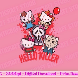 Puede incluir: Una descarga digital rosa con personajes de dibujos animados al estilo de iconos de películas de terror. Los personajes incluyen versiones Hello Kitty de Freddy Krueger, Jason Voorhees, Pennywise, Ghostface y un personaje con puntadas. El texto "HELLO KILLER" es rojo.