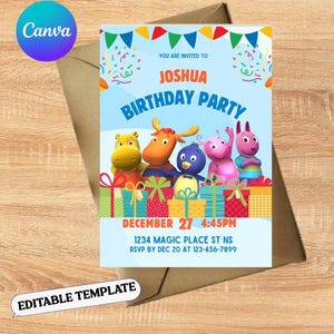 May include: A birthday party invitation with cartoon characters, the text "JOSHUA BIRTHDAY PARTY", and the date December 27 at 4:45 PM. The invitation is on a light blue background with colourful accents and is an editable template.