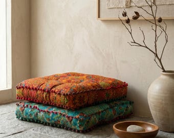 Bohemian Floor Cushion, Wabi Sabi Meditation Pillow, Moroccan Pouf, Yoga Reading Nook