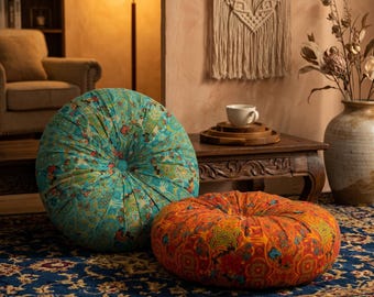 Round Floor Cushion, Mandala Meditation Pillow, Wabi Sabi Yoga Cushion, Boho Futon Seat