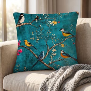 Housse de coussin oiseau bleu sarcelle Décoration d'intérieur Grand-millénaire Coussin décoratif floral champêtre français
