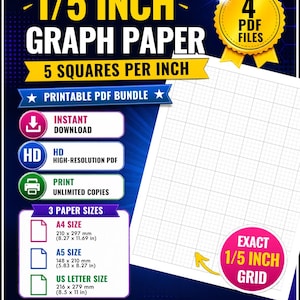 Puede incluir: Un paquete digital de papel cuadriculado de 1/5 de pulgada con 5 cuadrados por pulgada. Incluye 4 archivos PDF en tamaños A4, A5 y US Letter. Presenta líneas de cuadrícula imprimibles de alta resolución con una rejilla exacta de 1/5 de pulgada.