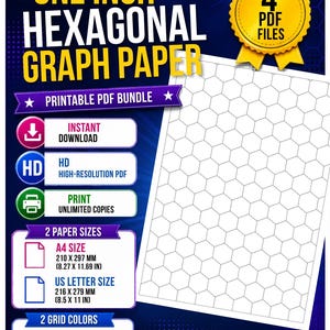 May include: A digital bundle of one-inch hexagonal graph paper featuring four PDF files. Includes A4 size at 210 x 297 mm and US Letter size at 8.5 x 11 inches. The printable sheets are available in gray or blue grid colors for high-resolution printing.