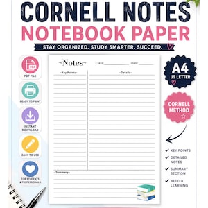 Puede incluir: Una plantilla de papel para notas Cornell imprimible que presenta un dise&ntilde;o central con secciones para notas, puntos clave, detalles y un resumen. La p&aacute;gina incluye campos para clase y fecha, con un peque&ntilde;o gr&aacute;fico de libros en la parte inferior.
