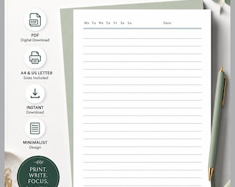 Printable Lined Stationery PDF, A4 US Letter, Minimalist Writing Paper (Digital Download)