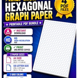 Peut inclure: Un ensemble numérique de papier millimétré hexagonal d'un demi-pouce comprenant quatre fichiers PDF. Le kit imprimable inclut le format A4 de 210 x 297 mm et le format lettre US de 216 x 279 mm, avec des options de grille grise et bleue.