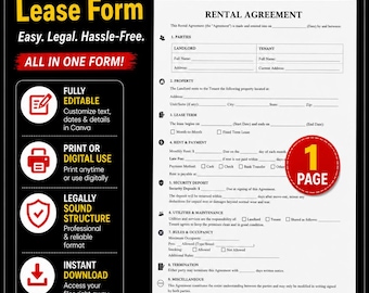 Editable Lease Form | Canva Rental Agreement PDF (Digital Download)