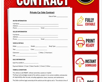One Page Private Car Sale Template | Editable Car Sale Contract | Private Vehicle Sale Agreement | Word PDF