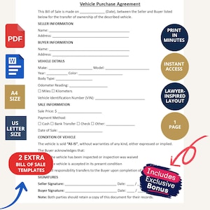 Vehicle Purchase Agreement Template, Editable Auto Car & Motor Sale Contract Agreement, Printable Contract Template Word, Google Docs, PDF