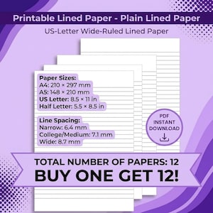 May include: A set of printable lined paper sheets featuring US-Letter wide-ruled lines. The text displays paper sizes including A4 210 x 297 mm, A5 148 x 210 mm, US Letter 8.5 x 11 in, and Half Letter 5.5 x 8.5 in, with line spacing options of 6.4 mm, 7.1 mm, and 8.7 mm.