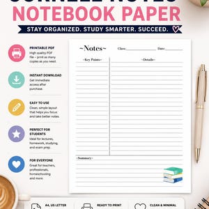 Puede incluir: Una plantilla de papel para notas Cornell con un dise&ntilde;o estructurado que incluye secciones para notas, puntos clave, detalles y un resumen. La p&aacute;gina blanca incluye encabezados para clase y fecha, con un peque&ntilde;o gr&aacute;fico de una pila de libros.
