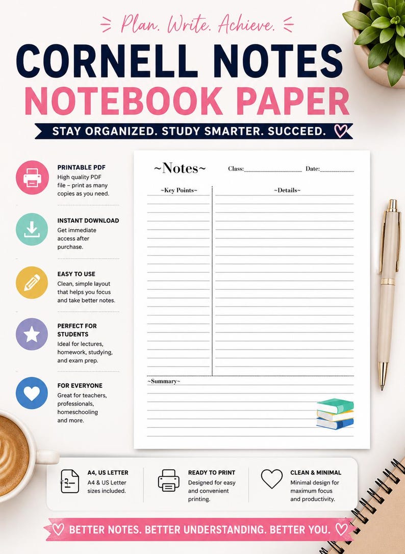 Puede incluir: Una plantilla de papel para notas Cornell con un dise&ntilde;o estructurado que incluye secciones para notas, puntos clave, detalles y un resumen. La p&aacute;gina blanca incluye encabezados para clase y fecha, con un peque&ntilde;o gr&aacute;fico de una pila de libros.