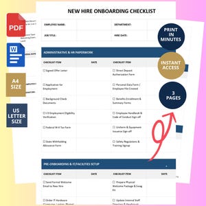 Checklist voor onboarding van nieuwe medewerkers | Bewerkbaar HR-werknemersformulier | Afdrukbare introductiespreadsheet | Checklist voor werknemers | Word, Google Documenten, pdf