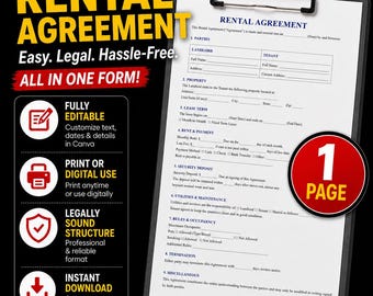 Editable House Rental Agreement Canva Template | One Page Lease Contract (Instant Download)