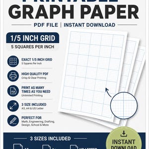 May include: Printable graph paper with a 1/5 inch grid, featuring 5 squares per inch. The document includes A5, A4, and US Letter sizes at 8.5 x 11 inches. The design is a high-quality PDF file with crisp, clear blue grid lines on white paper.