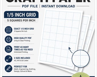 Printable Graph Paper PDF | 1/5 Inch Grid, 5 Squares Per Inch BLUE COLOR (Instant Download)