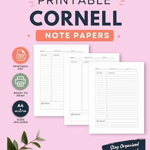 Może przedstawiać: Trzy białe arkusze papieru do notatek Cornell z czarnymi liniami, zawierające sekcje na imię, temat, datę, wskazówki, notatki i podsumowanie. Tekst PRINTABLE CORNELL NOTE PAPERS znajduje się na górze wraz z ikonami PDF oraz formatów papieru.
